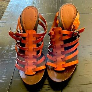 Shoes- BCBG, leather, wedge platform sandals, gently used. Cognac/brown color